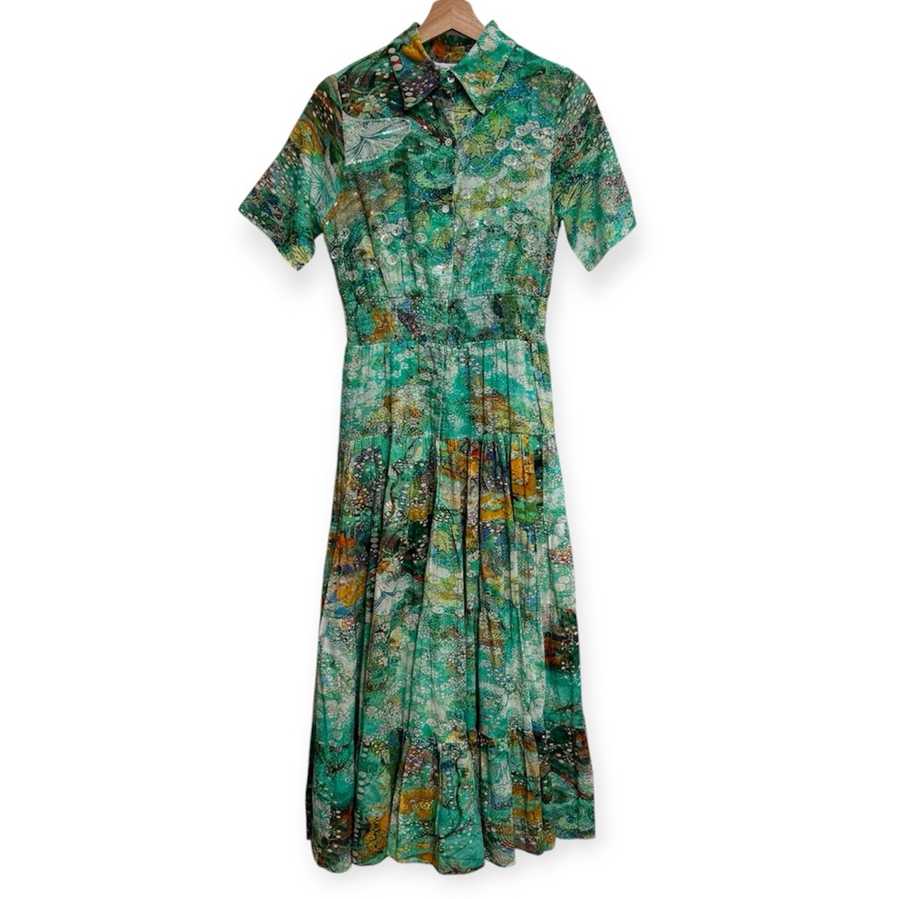 Vintage Collection Water Lilies Button Front Tiered Maxi Shirt Dress